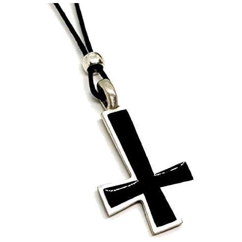 Eclectic Shop Uk Black Enamel Inverted Cross Pendant Occult Satanic Lucifer St Peter Beaded Cord Necklace Cover