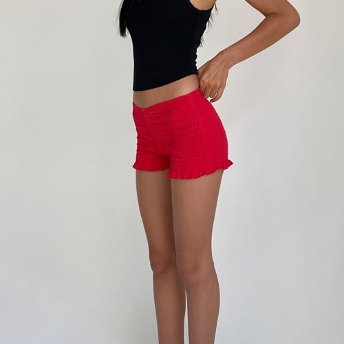 Image of NUFIWI Women's Y2k Ruched Mini Shorts Low Waist Ruffle Frill Bloomers Lounge Pajamas Smocked Micro Shorts Sleepwear
