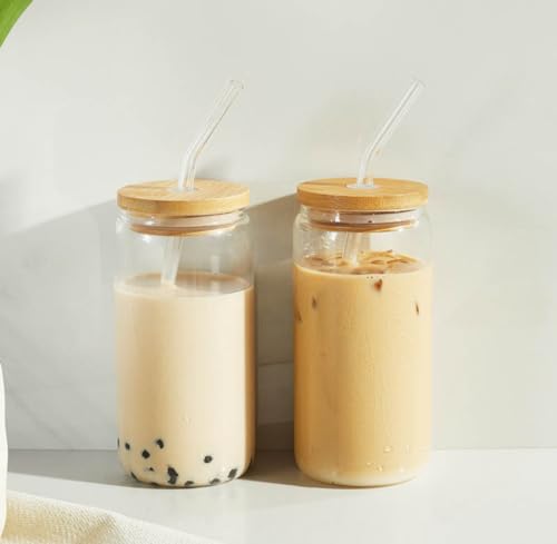 Yummee 16oz Glass Cup with Straw and Brush, Leakproof Reusable Glass Coffee Cup with Lids for Iced Tea, Latte, Cocktail, Milkshake, Water, Juice (Clear)