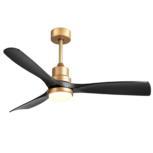 Image of 52 inch Modern Black and Gold Ceiling Fan with Lights and Remote, ETL Listed, 3 Downrods, 3 Wood Blade Gold Black Ceiling Fans, Reversible Quiet DC Motor, 3 Timer for Outdoor Patio Bedroom,52in,Black Gold