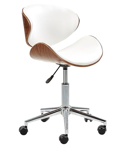 Beliani Chaise à roulettes Design Assise Incurvée Effet Cuir Blanc et Bois sur Pied Métallique Réglable Solution Idéale pour Coin Bureau Moderne