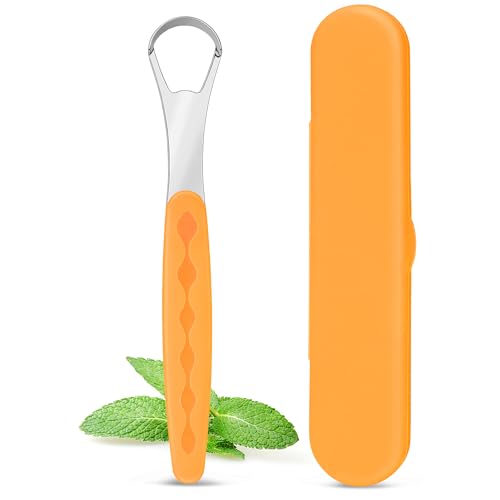 Milifox Rape Langue pour Adulte,Gratte Langue Inox Avec éTui de Rangement,Adapté à Usage Quotidien à Maison et en Voyage.Assure Nettoyage en Profondeur pour Une Haleine FraîChe,Orange