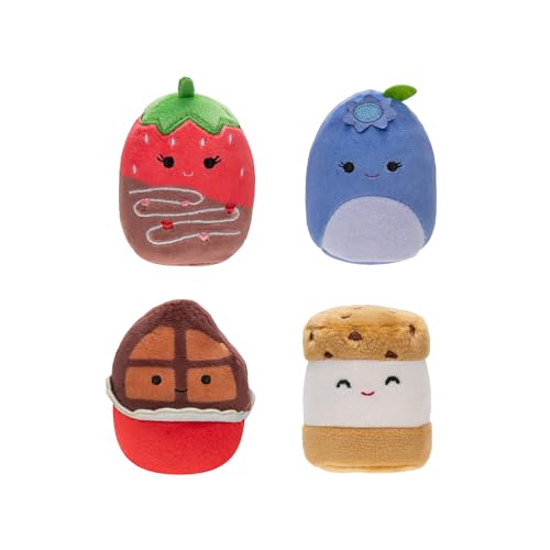 Squishville by Original Squishmallows Snack Machine Accessory Pack - Four 2-inch Squishmallows Plush Including Bluby, Kaoko, Scarlett, and Paulton and Four Plush Costumes - Toys for Kids