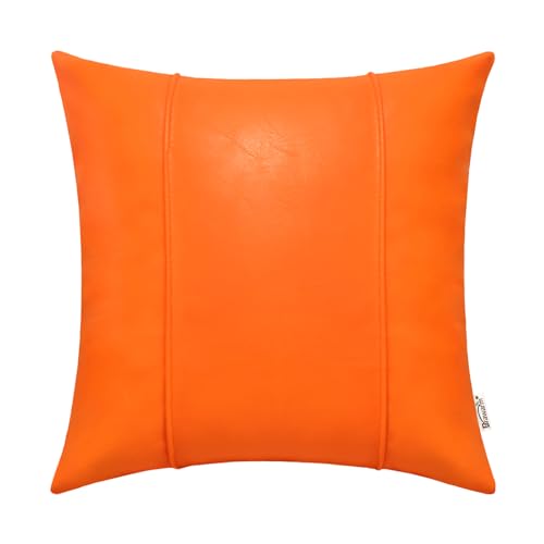 Image of BRAWARM Orange Leather Throw Pillow Covers 18 X 18 Inches - Faux Leather Pillow Cover with Piping, Hand Stitched Leather Throw Pillow for Couch Sofa Bed Living Room Home Decorative