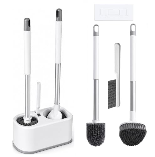 Image of Clyton 3 in 1 Toilet Brushes Holder Set | Toilet Cleaning Set with Under-Rim Curved Brush, Round Bowl Scrubber, Slim Crevice Detail Brush | Wall Mounted & Floor Standing | Quick Dry Bathroom Brush Set