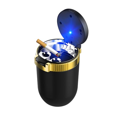 Image of Dickno Car Ashtray with Lid, Detachable Stainless Smokeless Auto Ashtray, Portable Mini Vehicle Trash Can with LED Blue Light, Universal Interior Accessories for Cup Holder (Golden)