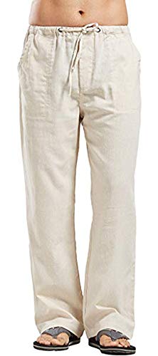 Men's Casual Pants Loose Linen Yoga Pants Straight Legs Elastic Waist Beach Pants with Pockets2