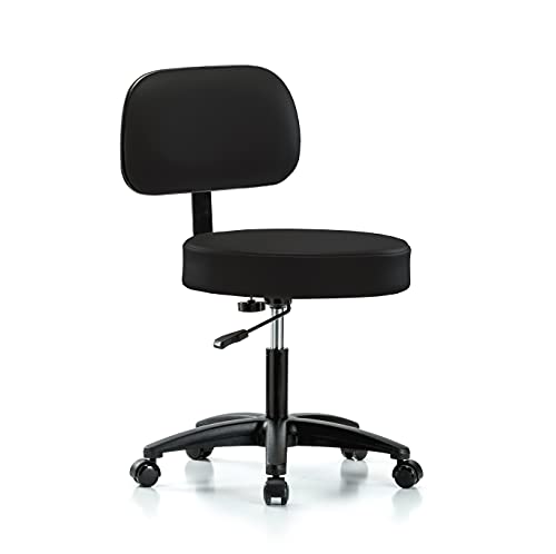 Perch Walter Rolling Height Adjustable Exam Stool with Back for Carpet or Linoleum Desk Height 300 Pound Weight Capacity | (Black Vinyl)