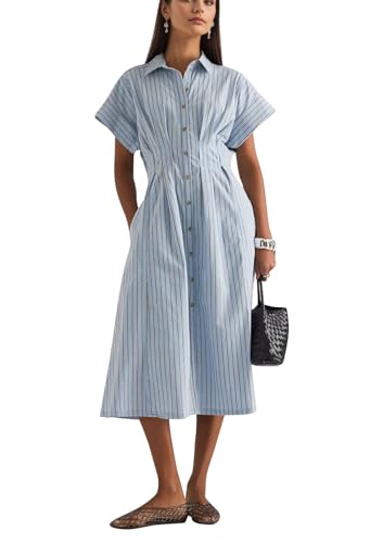 Image of calbatic Women Striped Button Down Pleated Shirt Dress Summer Short Sleeve Ruffle A Line Swing Long Blouse Midi Long Dress