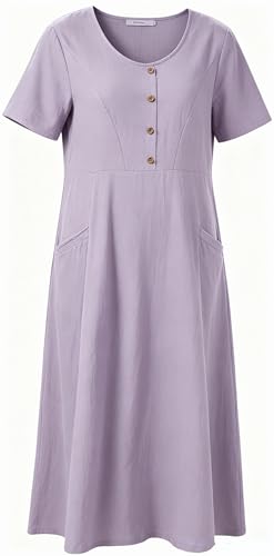 Image of Women's 65% Polyester 35% Cotton Crew Neck Midi Dress, Short Sleeve Dress with Pockets for Summer Daily Wear