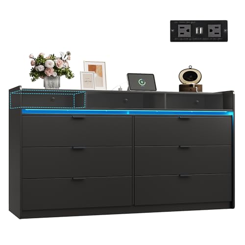WLIVE 9 Drawer Led Dresser for Bedroom, 58.35'' Black Wood Dresser Storage Organizer with Power Outlets for 65'' TV, Dressers with Open Shelves, Chest of Drawers for Closet, Living Room