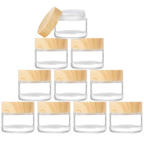 ToKinCen 10 botes de 5 ml con tapa de bambú, transparentes vacíos, botes de crema de cristal, para cosméticos, cremas, polvos, loción, minivelas, bálsamo labial (color transparente)