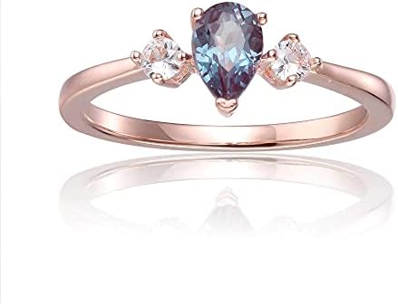 Fine Color Jewels Teardrop Three Stone Pear Shaped Ring with Moissanite in Rose Gold Plated Sterling Silver Red Ruby Created Alexandrite Color Change Birthstone Ring (Size 5 6 7 8)