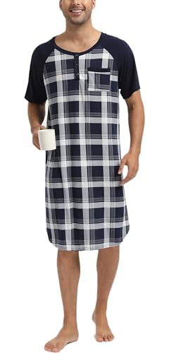 Enjoyoself Camisón Hombre Dormir Camisetas de Pijama Algodón Larga Suave Transpirable Camisa de Noche de Manga Corta Camison Hospital Ropa de Dormir para Descansar Cuadros+Azul Marino XL