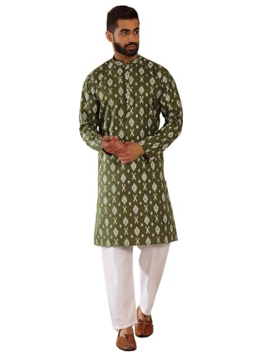Image of KRAFT INDIA Men's Cotton Blend Geometric Printed Straight Long Regular Kurta and Elastic Waistband Pyjama Set