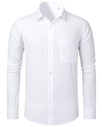 siliteelon White Shirts for Men Long Sleeve 4-Way Stretch Regular Fit with Pocket Fashion Formal Dress Business Work Button Down Shirts L