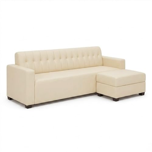 Image of FURNY Luxe 4 Seater L Shape Sofa Set with Movable Ottoman | Flexible Left or Right Layout | Premium Leatherette Upholstery (Cream) | Perfect for Living Room, Guest Room & Office