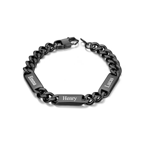 Custom4U Personalized Cuban Link Bracelet for Men, 5mm/7mm/9mm Width 1-6 Names Engraved Stainless Steel Customized Chain Silver Bracelet Jewelry Gifts