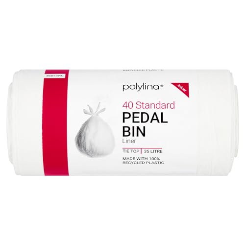 Polylina - Pedal Bin Liners 35 Litre 40 Tie Top White Bin Bags Recyled Plastic Kitchen Waste & Large Indoor Bins