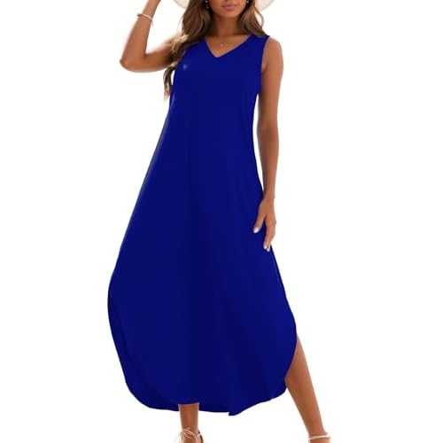 Zilcremo Women's Summer Casual Loose Sundress Long Dress Sleeveless V Neck Split Tshirt Maxi Dresses Small Royalblue