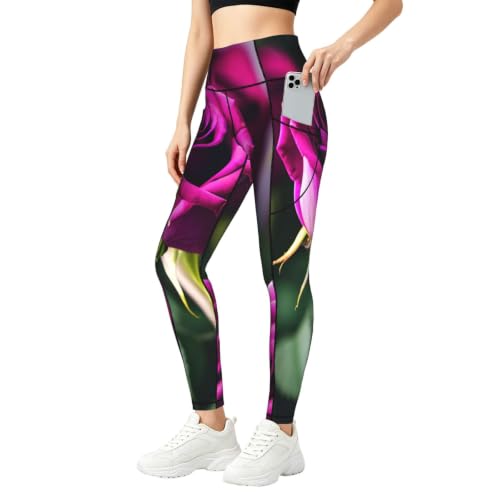 Pantalones de yoga con estampado de rosas moradas para running y uso casual