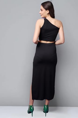 Image of POPWINGS Casual Solid Top and Skirt Co-Ord Set for Women | Stylish Western Co-Ord Set for Women | Crop Top and Long Slit Skirt Set for Women