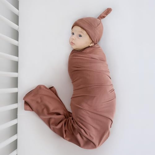 Image of GRSSDER Newborn Swaddle Blanket, Ultra Soft Jersey Receiving Blanket with Matching Headband and Beanie Set, 47x47 inch Extra Large Nursery Swaddle Wrap for Girls and Boys