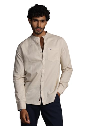 Image of Thomas Scott Men's | Solid | Full Sleeve | Slim Fit | Linen Blend | Mandarin Collar | Casual Shirt