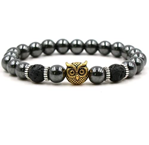 Pulsera con dije de búho para mujer con cuentas de hematita y cuentas de piedra de lava en caja de regalo, 7 inches, Piedra Cover