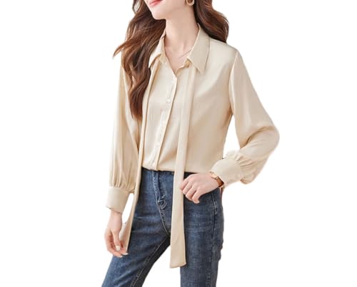 Women Long Sleeve Satin Chiffon Shirt Elegant Bow Casual Blouses Business Office Work Tops