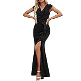 DGHBVS Classy Long Black Dress for Women Wrapped V-Neck Fitted High Slit Ruffles Winter Formal Prom