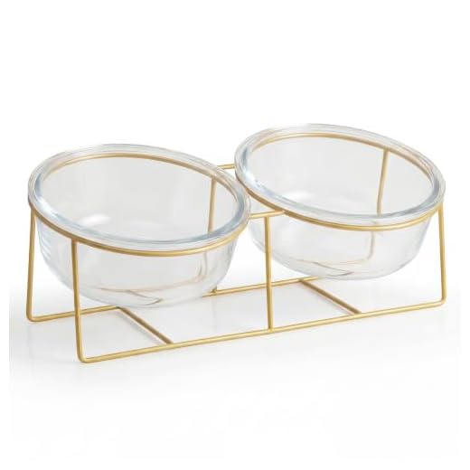 Elevated Dog Bowl Set of 2 - Double Glass Bowls with Gold Iron Stand - Raised Dishes Comfortable Feeding - Ideal for Small to Medium Sized Dogs