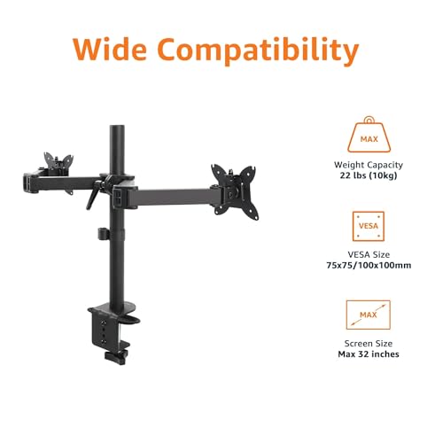 Image of Amazon Basics Adjustable Dual Monitor Desk Mount, Supports up to 32 inch Monitors and 22 lbs per Arm, Adjustable Tension, VESA 75x75 /100x100, Black