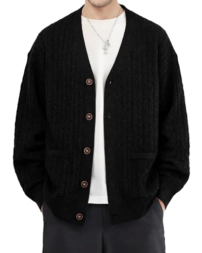 MLANM Mens Cable V-Neck Knit Cardigan Casual Relaxed Fit Black M