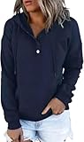 Women's Casual Drawstring Hoodies Sweatshirts Long Sleeve Button Pullover Fall Winter Athletic Hoodie with Pocket (Dark Blue,Medium)