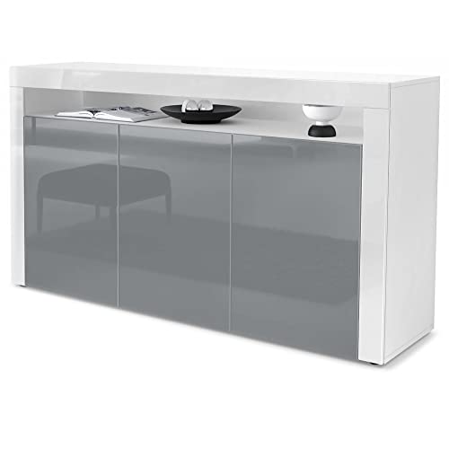 Vladon Buffet Valencia, Commode avec 3 Portes et 1 Compartiment Ouvert, Blanc Mat/Gris Haute Brillance/Blanc Haute Brillance (155 x 92 x 40 cm)