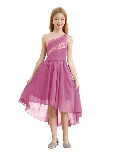 CHICTRY Kids Girls Sequin One Shoulder Formal Party Dance Gown High-Low Chiffon Proms Dresses B1 Pink 11-12 Years