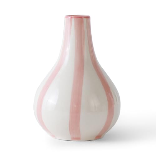 Image of PUREZENTO Pink & White Striped 'Tulip Bud' Ceramic Vase 6 Inch (Pack of 1) | Unique Modern Bud Vase for Dried Flowers & Pampas Grass | Vases for Modern Home Decor, Living Room & Office Decor Ideas