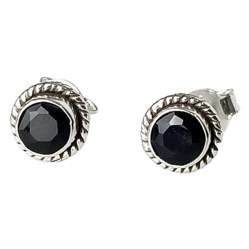 Onyx noir naturel rare en boucle d'oreille unisexe ronde argent 925 solitaire facetté