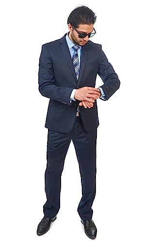 Azar Man Slim Fit Men Suit 2 Button Navy Blue Notch Lapel Flat Front Pants (54 Regular 46/47 Waist) #TOP3