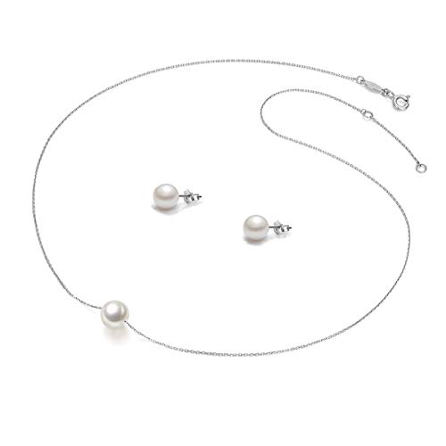 Juego de collar de perlas legítimas de 8-9 mm y plata 925 con baño de oro de 18 quilates