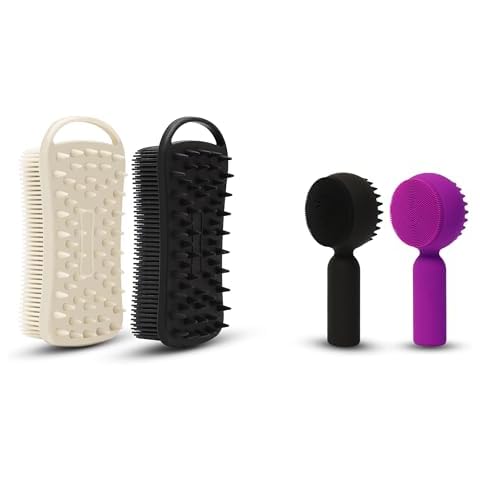 2 PC Silicone Bath Body Brushes, Soft Silicone Loofah and 2 PC Silicone Facial Cleansing Brush, Facial Scrubber Cover