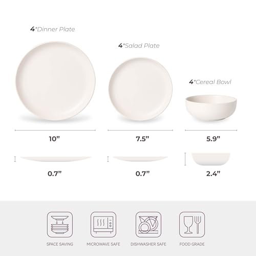 12-Piece Matte White Dinnerware Set,Stoneware Dinnerware for 4, Microwave & Dishwasher Safe, Stackable Design for Kitchen and Dining - Plates and Bowls - Image 4