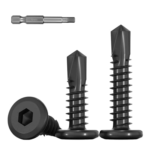 FandWay 50 Pièces Vis Autoforeuse Metal Noir,M5,5x45mm Vis à Tôle Autotaraudese à Tete Plate Vis à Tôle à Six Pans Creu et Autoperceuse Autoperforante Inox 410 avec 1 Bits pour Alu Bois Plastique.