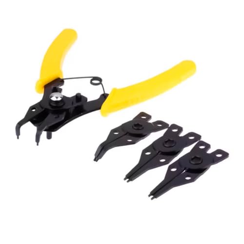 Alicate para Anéis Elásticos com 4 Cabeçotes, Mola Auxiliar, Ângulos 180°/45°/90°, Amarelo