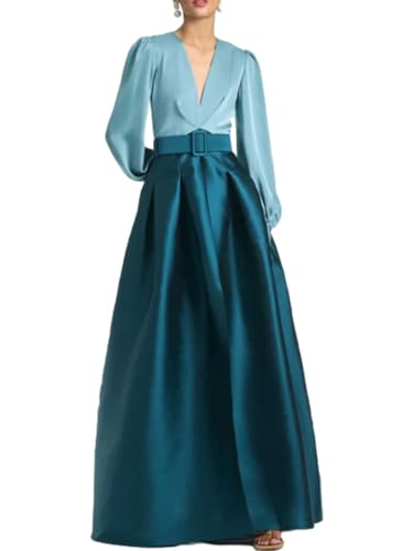 Elegant A-Line Satin Evening Dress V Neck Long Sleeve Floor Length Wedding Guest Dress with Pleats
