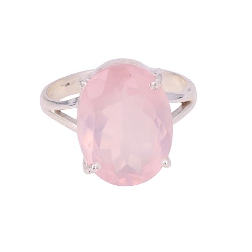 Anillo de cuarzo rosa natural, anillo de plata de ley 925, anillo hecho a mano con piedras preciosas para mujer (6.5), Piedra preciosa., Cuarzo rosa