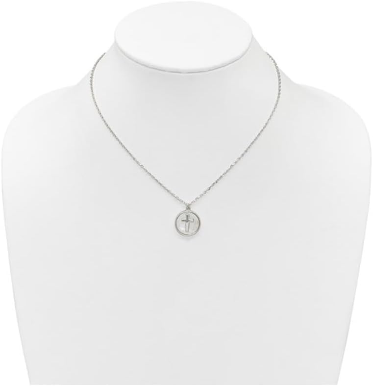 Sterling Silver Cross Pendant Necklace Disc with Mother of Pearl and Chain (16 inches)