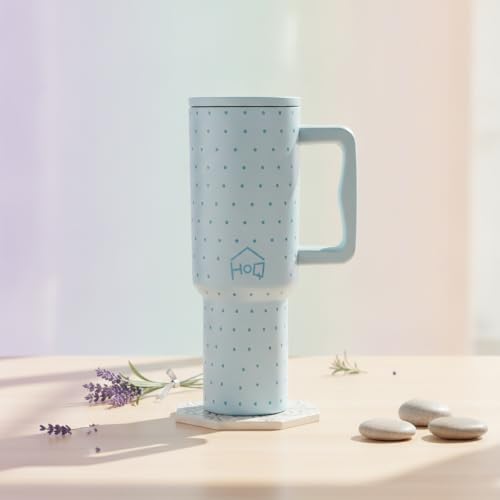 Image of House of Quirk 1200ML Stainless Steel Tumbler with Handle & Lid, 2 Straws - Large Travel Mug Water Cup for Gym, Office & Outdoor Use (Blue Polka)