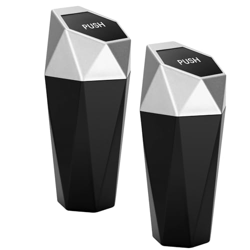Image of Ginsco Car Trash Can with Lid, Cup Holder Garbage Can for Car, Garbage Bin Cars Accessories for Interior, Leakproof Small Trash Bin, Mini Trash Can for Cars, Home, Office (2, Silver)
